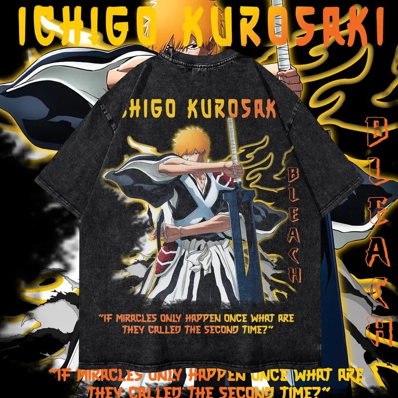 Vintage Ichigo Washed Oversized Tee, Bleach Anime Manga Washed Heavy Cotton Special Graphic T-shirt Gift For Anime Fan...