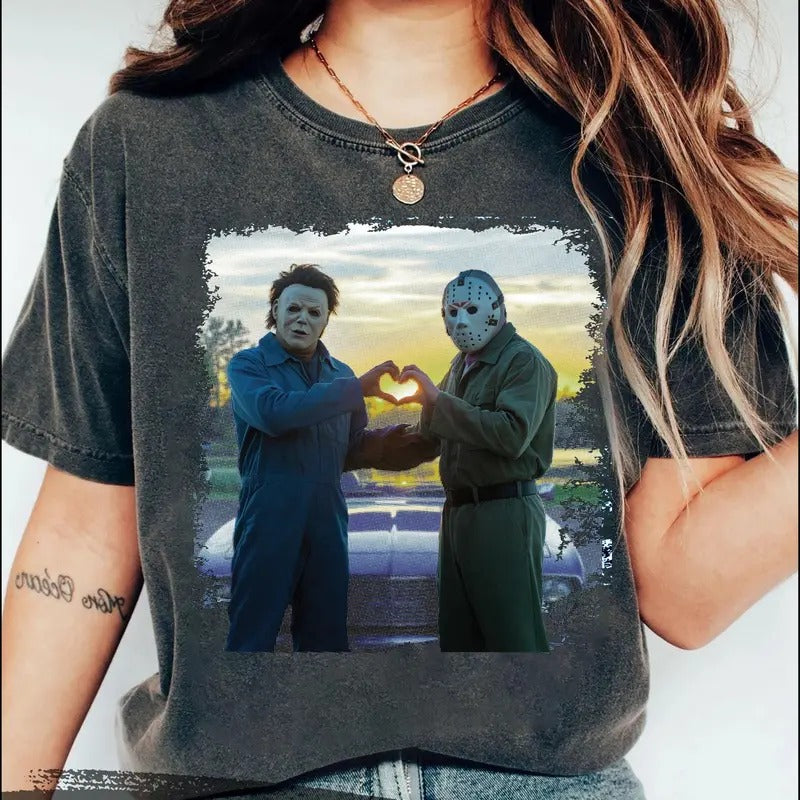 Vintage Jas0n and Michael Halloween Heart Hand T-Shirt, Michael Myers Halloween T-Shirt, Horror Killers Movie Shirt,...