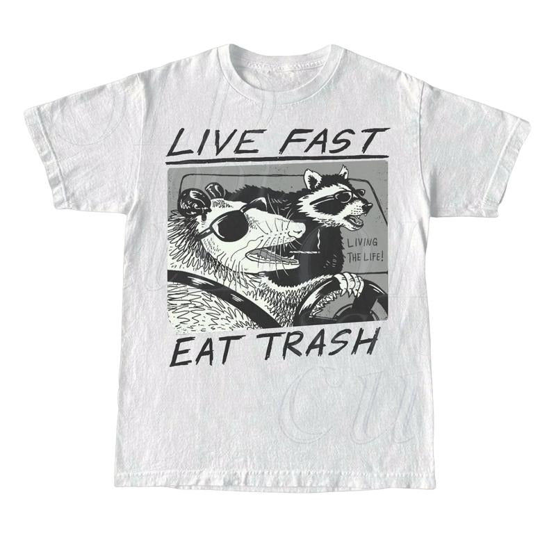 Vintage Opossum Live Fast Eat Trash 90s Style Graphic T-Shirt, Retro Raccoon Shirt, Adult Unisex Relaxed Shirt, Washed...
