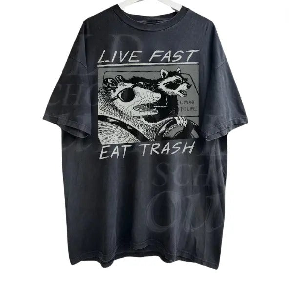 Vintage Opossum Live Fast Eat Trash 90s Style Graphic T-Shirt, Retro Raccoon Shirt, Trendy Shirts, Adult Unisex Relaxed...