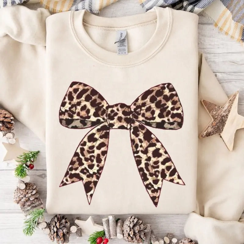 Vintage Retro Leopard Pattern Printed Coquette Bow Sweatshirt, Soft Girl, Soft Mom Era Unisex Tee Hoodie | TeeBloomCo.com