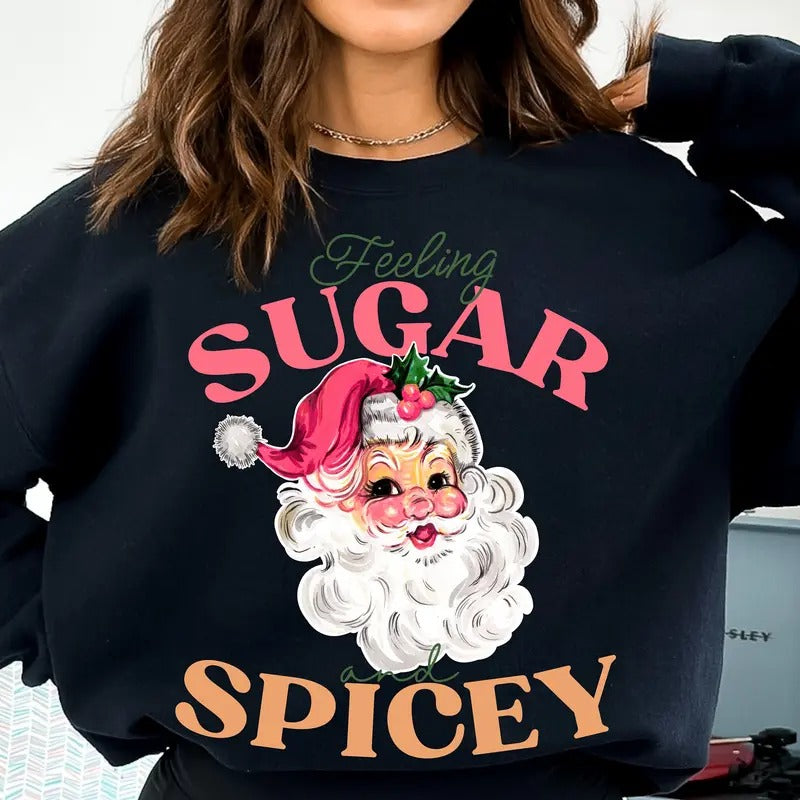 Vintage Retro Santa Christmas Sweatshirt, Sugar and Spice Unisex Fit Pullover - Fabric T-Shirts, Hoodie | TeeBloomCo.com