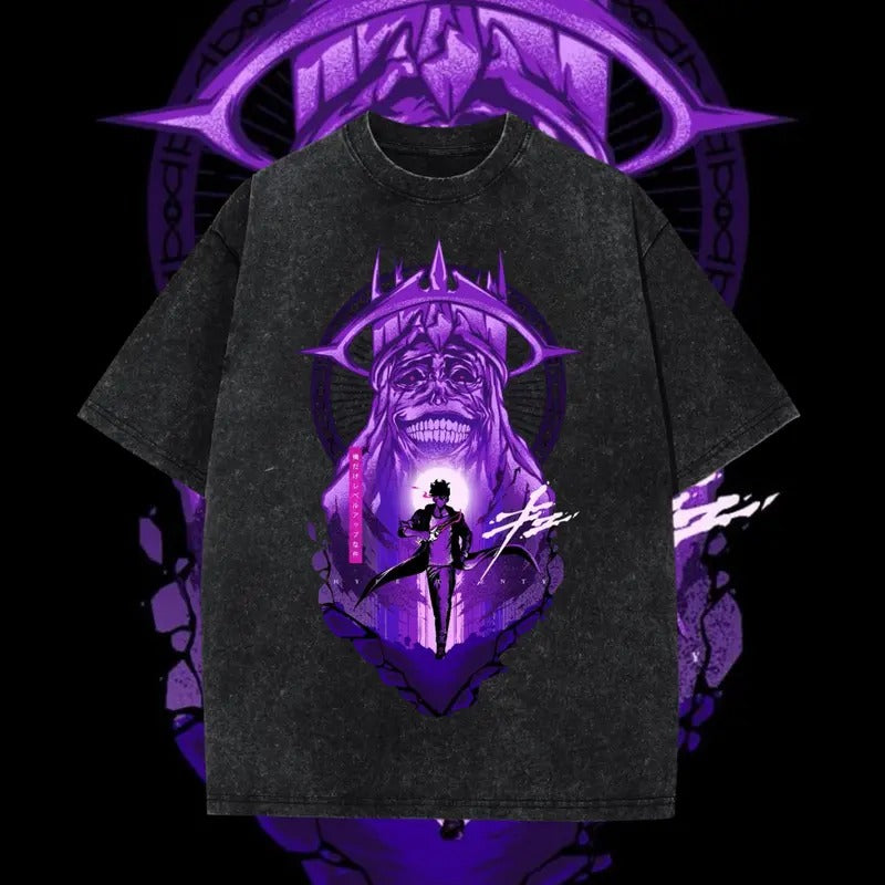 Vintage Solo Leveling Washed Oversized Tee, Anime Manga Washed Heavy Cotton Special Graphic T-shirt Gift For Anime Fan...
