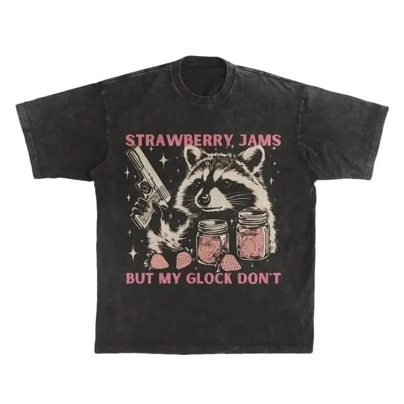 Vintage Strawberry Jams Raccoon T-Shirt | Retro Trash Panda Tee | Funny Animal Pun Shirt | Raccon Gun Meme Tee | Trendy Animal Lover Gift 100% cotton