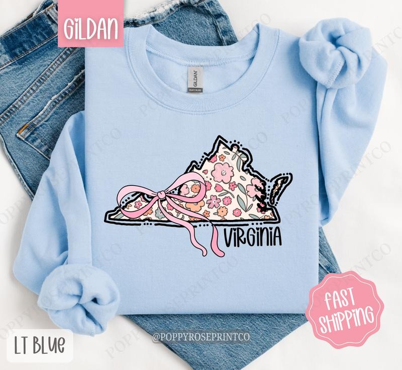 Virginia Floral Bow Gildan Sweatshirt, Cute Trendy State Coquette Pullover T-Shirts, Hoodie | TeeBloomCo.com