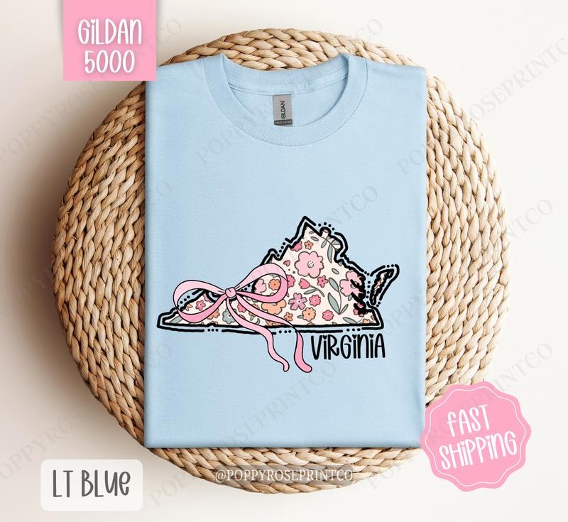 Virginia Floral Bow Gildan T-shirt, Cute Trendy Tee, State Coquette Oversized Top Hoodie, Sweatshirt | TeeBloomCo.com
