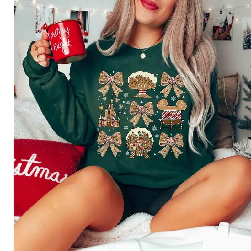 Walt World Coquette Bows Gingerbread Christmas Sweatshirt Tshirt, Epcot World Tour Xmas Shirt, Very Merry Xmas Party,...