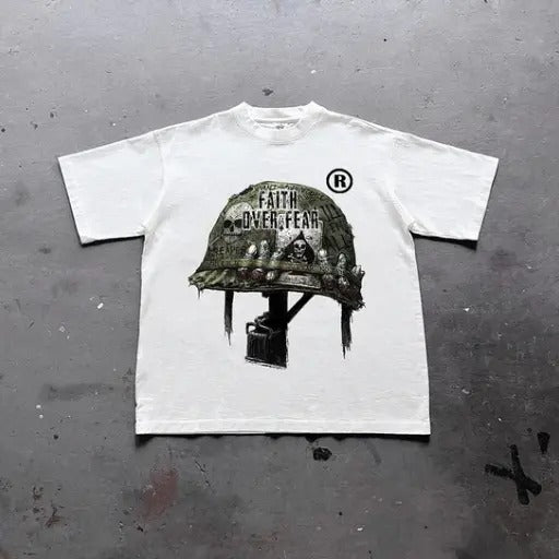 War Helmet Faith Over Fear Graphic Print Cotton T-Shirt, grunge y2k emo scene tapout goth amity affliction style clothes,...
