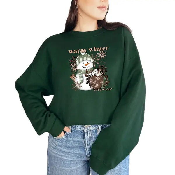 'Warm Winter Wishes' Snowman & Hot Chocolate Christmas Crewneck Sweatshirt, T Shirt, or Hoodie | Cutesy Pullover |...