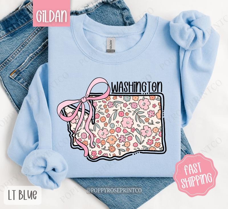 Washington Floral Bow Gildan Sweatshirt, Cute Trendy State Coquette Pullover T-Shirts, Hoodie | TeeBloomCo.com