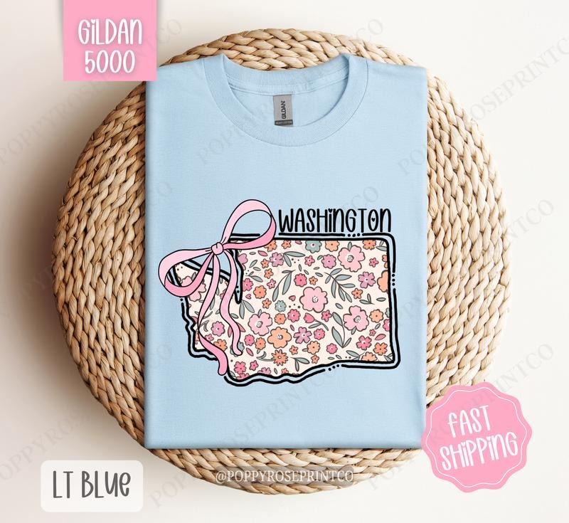 Washington Floral Bow Gildan T-shirt, Cute Trendy Tee, State Coquette Oversized Top Hoodie, Sweatshirt | TeeBloomCo.com