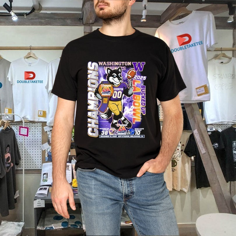 Washington Huskies Victory Boise State Broncos LA Bowl Champions 2025 Sofi Stadium Inglewood CA Mascot Shirts