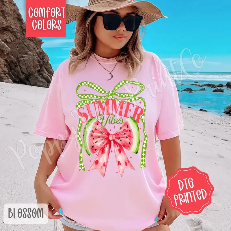Watermelon Summer Vibes Comfort Colors Tshirt, Cute Summer Tee, Girly Beach Shirt Hoodie, Sweatshirt | TeeBloomCo.com
