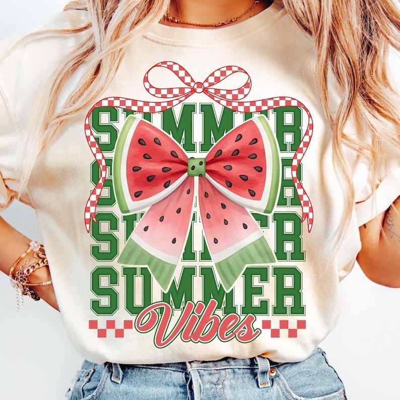 Watermelon Summer Vibes Retro Girly Coquette Bow Hello Summer Preppy Trendy T-Shirt Hoodie, Sweatshirt | TeeBloomCo.com