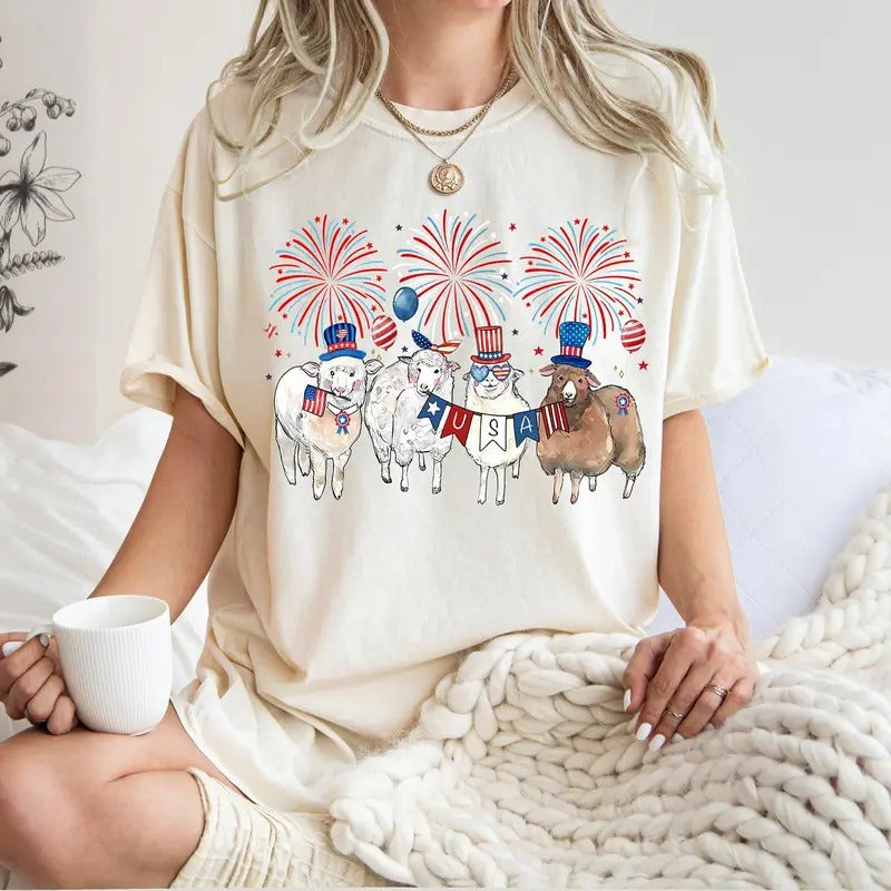 Western 4th of July Shirt, Sheep Lover Gift, Independence Day Shirt, Country Shirt, Patriotic Shirt, Farmer Shirt, Womens...