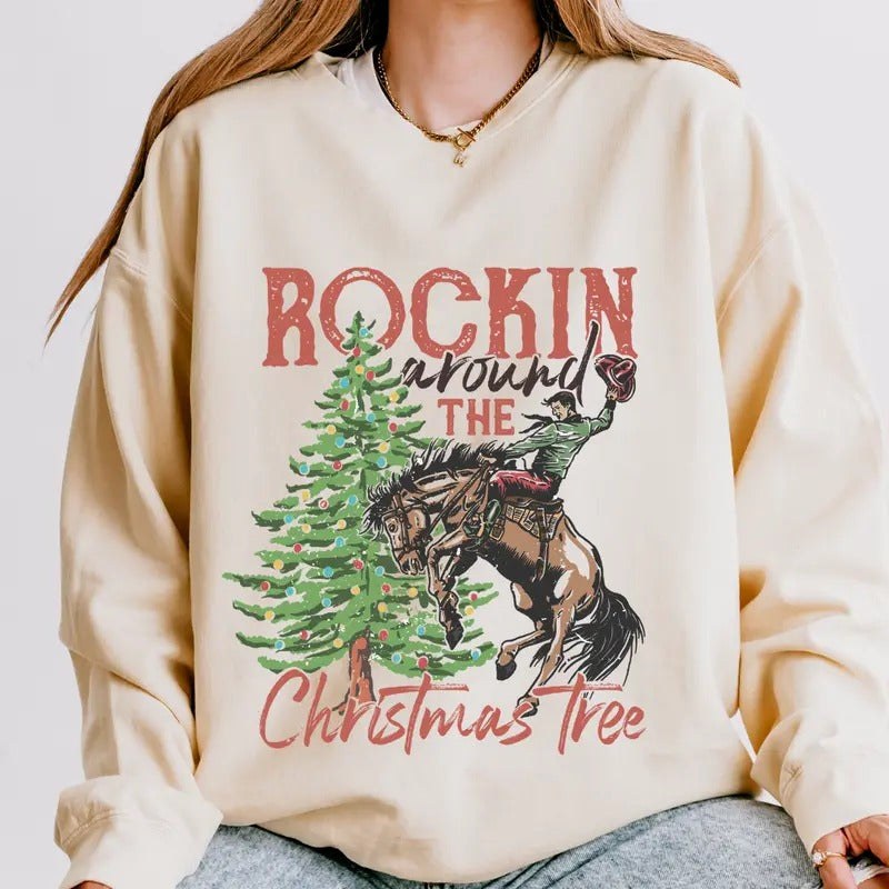 Western Christmas Sweatshirt, Western Rocking Around the Christmas Tree #1, Winter Season Graphic, Casual Cotton...