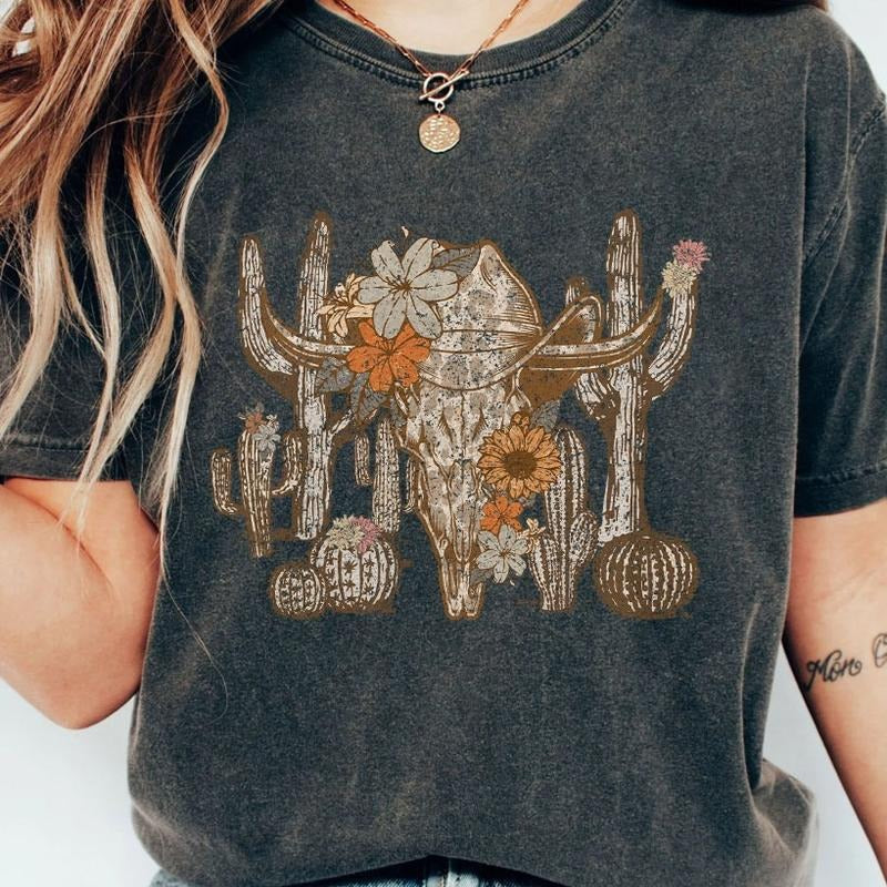 Western Desert Cow Skull Leopard Shirt, Retro Cow Skull Shirt, Vintage Tee, Shirt For Women, Western Cowboy T-shirts,...