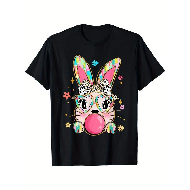 Whimsical Easter Bunny Bubble Gum Graphic T-Shirt - 100% Cotton, Unisex Casual Tee for Men & Women, Black with Vibrant...
