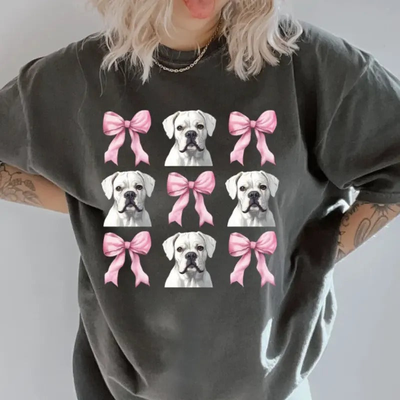 White Boxer and bows Shirt ~ Unisex Apparel Relaxed Fit Printed In The USA Clothing Womenswear Casual Comfort Cotton Top...