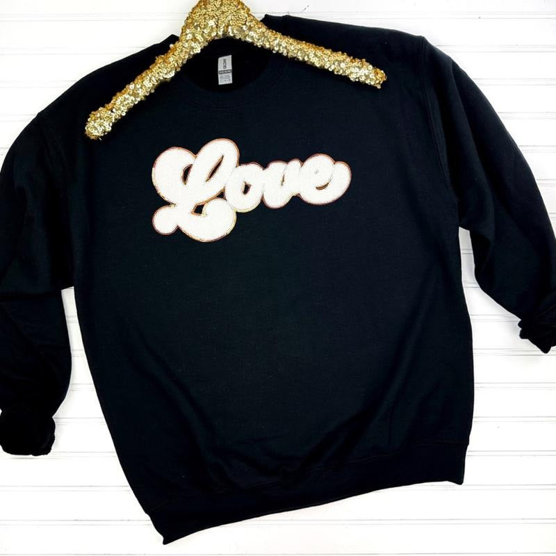 White Chenille Love Patch Sweatshirt -- BLACK T-Shirts, Hoodie | TeeBloomCo.com