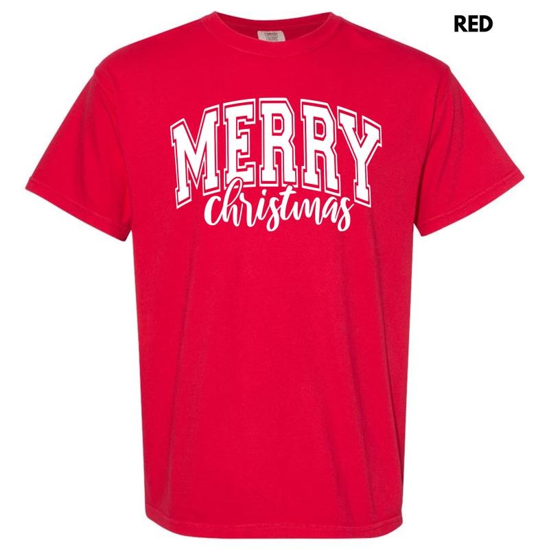 White Cursive Varsity Merry Christmas Comfort Colors T-Shirt 'NLB' Hoodie, Sweatshirt | TeeBloomCo.com