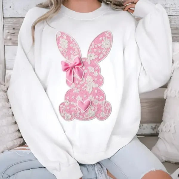 White Lace Bunny Coquette Bow sweatshirt, Easter, Lace Bow Bunny Shirt, Happy Easter Hoodie | TeeBloomCo.com