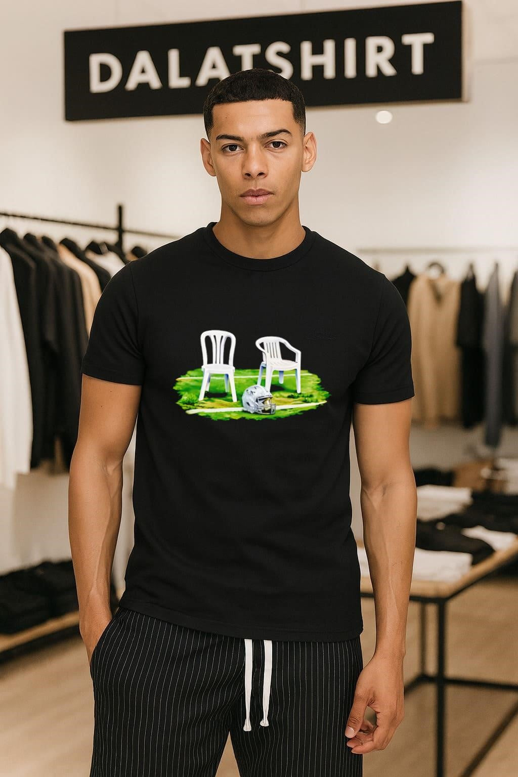 White Plastic Chairs and Football Helmet on Grass Field shirt