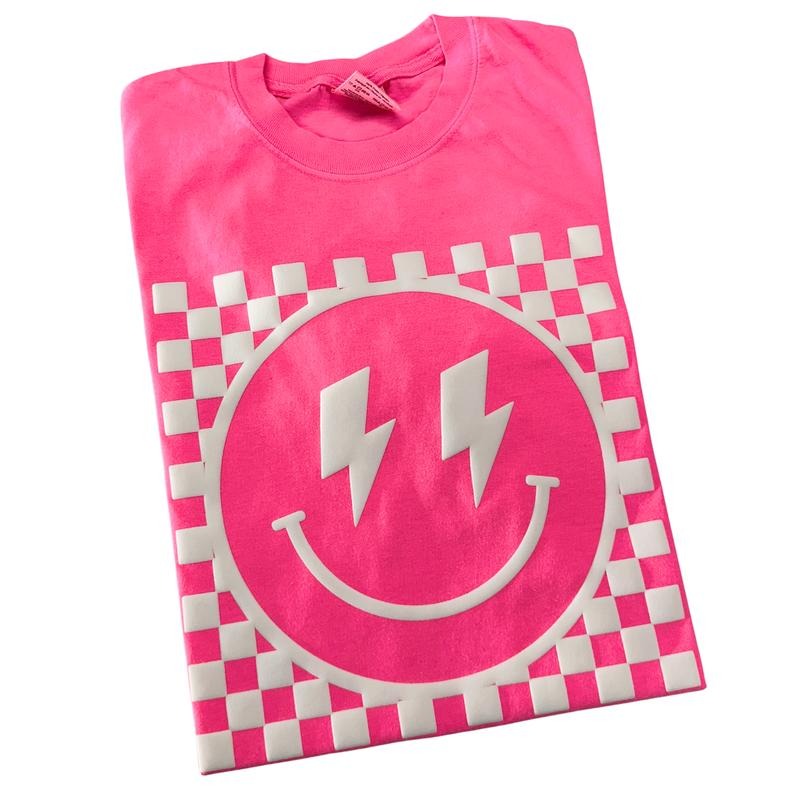 White Puff Checkered Happy Face Comfort Colors T-Shirt Hoodie, Sweatshirt | TeeBloomCo.com