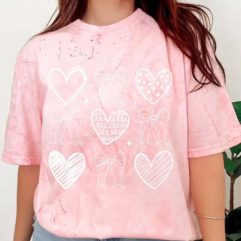 White bow and heart doodles Valentines day Shirt~ Unisex Apparel Relaxed Fit Printed In The USA Clothing Womenswear...