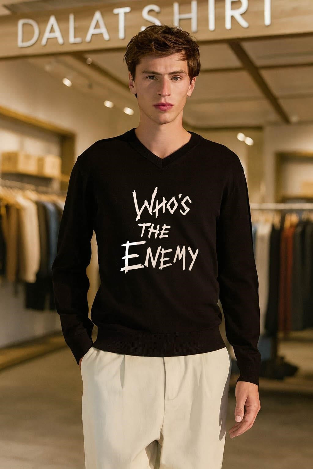Who’s The Enemy distressed horror movie style font shirt