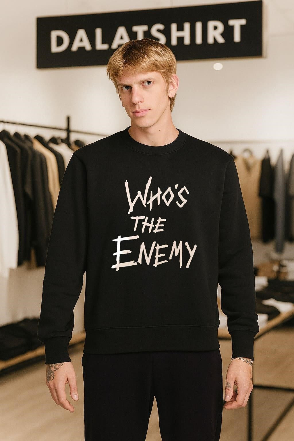 Who’s The Enemy distressed horror movie style font shirt