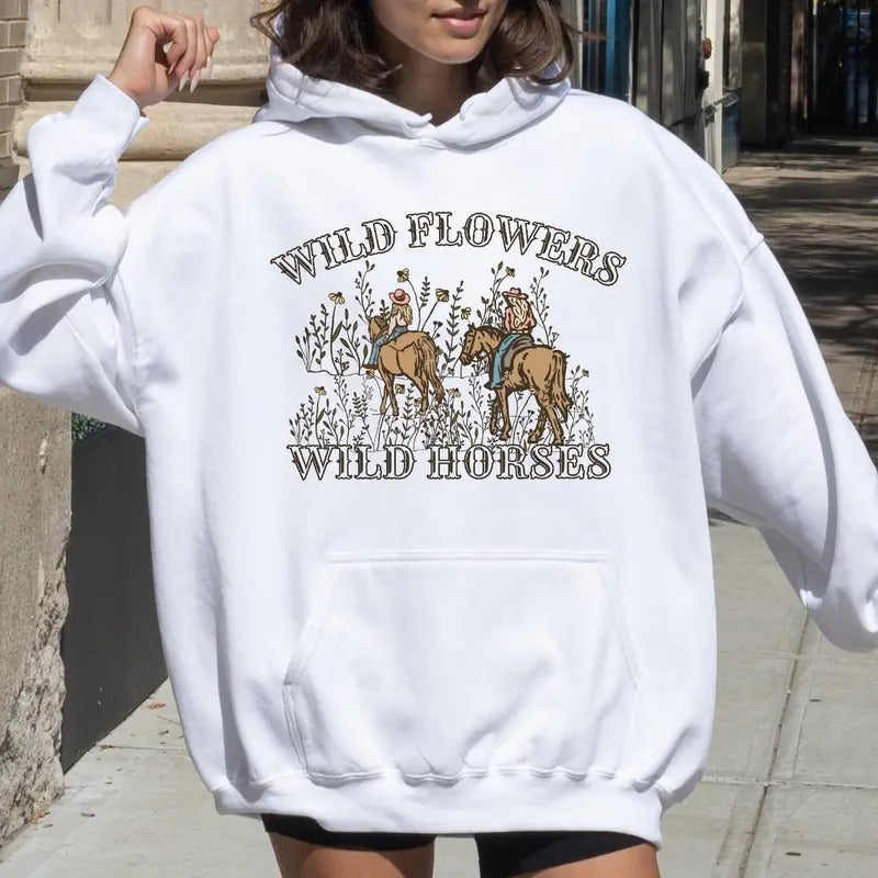 WiId FIowers WiId H0rses Hoodie, Country Girl Hoodie, Concert Top, Country Music Hoodie, Unisex Long Sleeve Pullover...