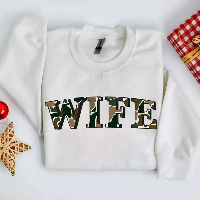 Wife Camo Old School Bottomland Pattern Crewneck Sweatshirt, Hunting Wife, Hunting Season Unisex Shirt Hoodie