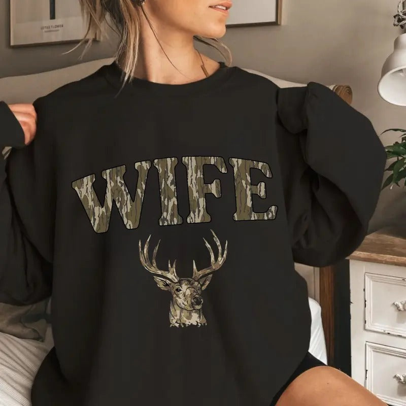 Wife Deer Hunt Camo Bottomland Pattern Crewneck Sweatshirt, Mama Hunting Season Tee Hoodie | TeeBloomCo.com