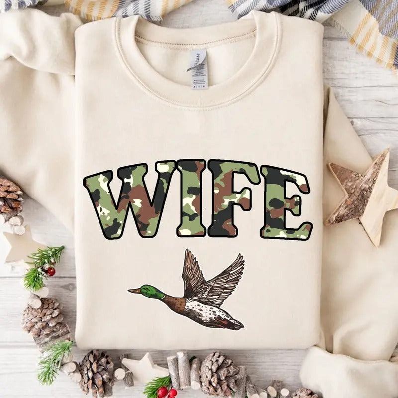Wife Duck Hunt Camo Bottomland Pattern Crewneck Sweatshirt, Mama Hunting Season Tee Hoodie | TeeBloomCo.com