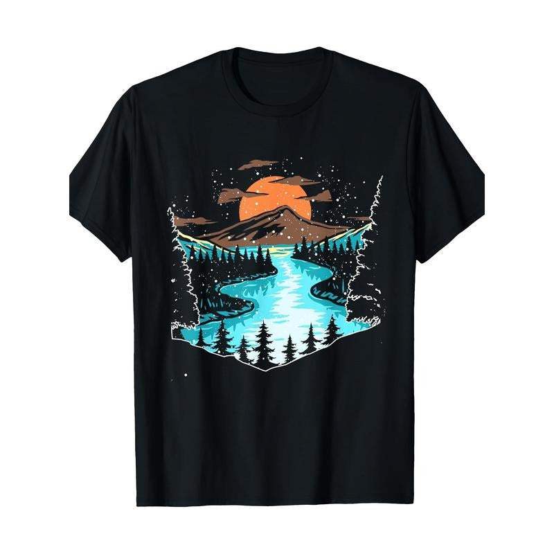 Wildlife Mountain and River Outdoor Nature Full Moon Forest T-shirt -100% cotton Made in USA Hoodie, Sweatshirt