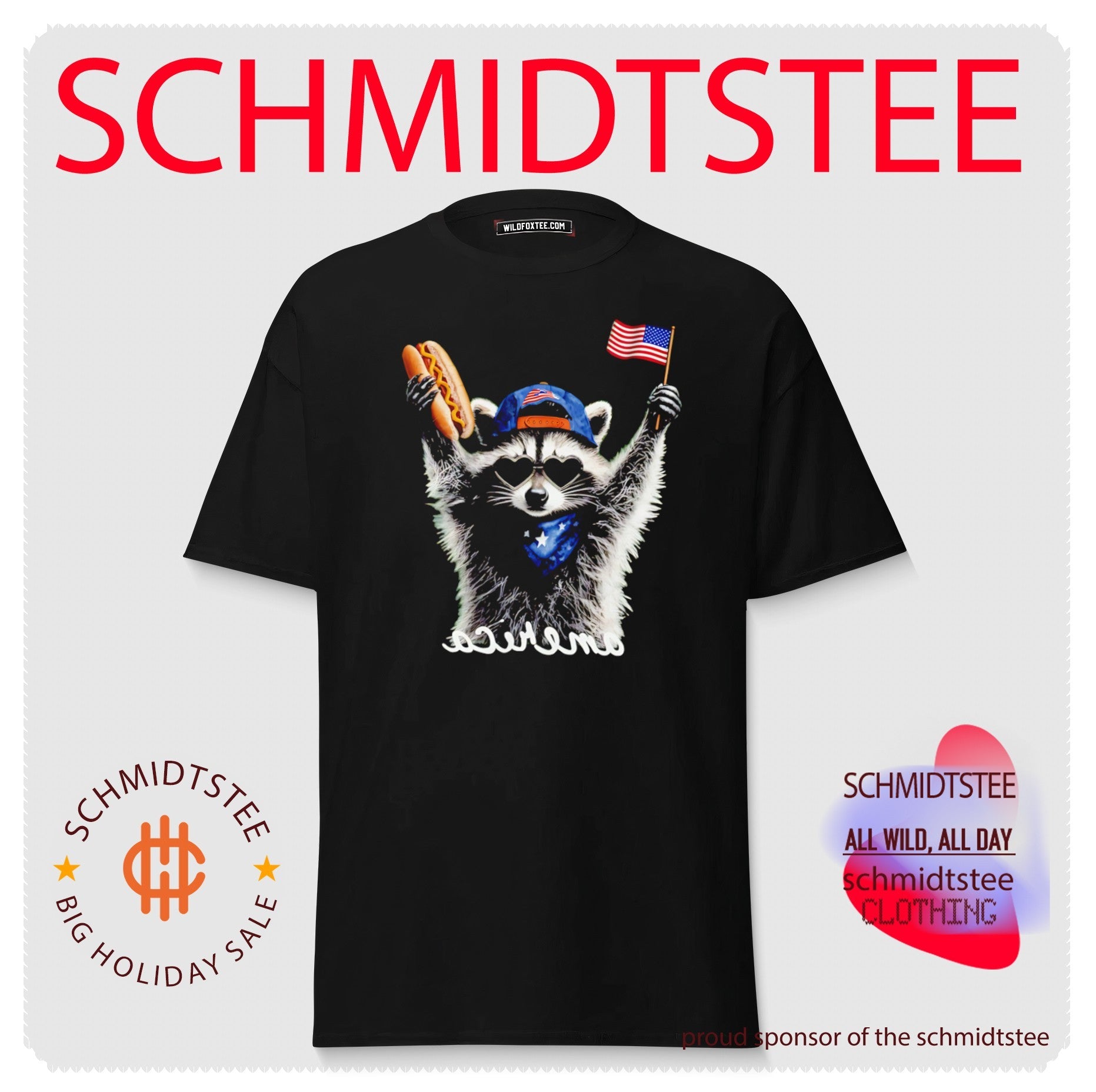 Wildly patriotic raccoon rocking heart sunglasses shirt