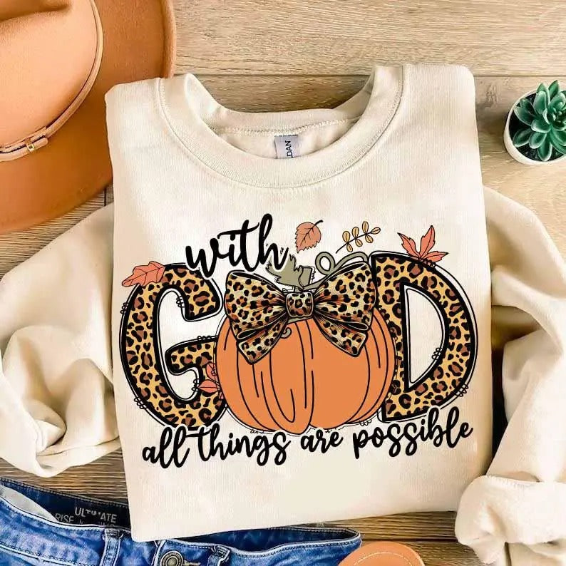 With God All Things Are Possible Shirt, Fall Christian, Jesus Fall Sweatshirt, Christian PumpkinUnisex Cotton Crewneck...