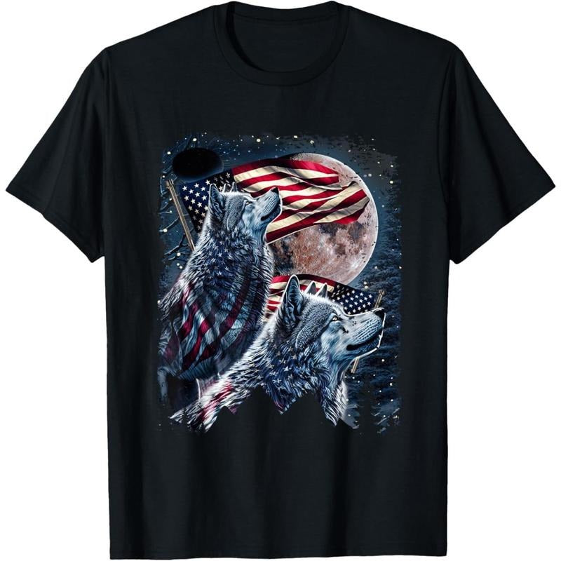 Wolf 4th of July American Flag Howling Wolves Under Moon T-Shirt made in usa Hoodie, Sweatshirt | TeeBloomCo.com