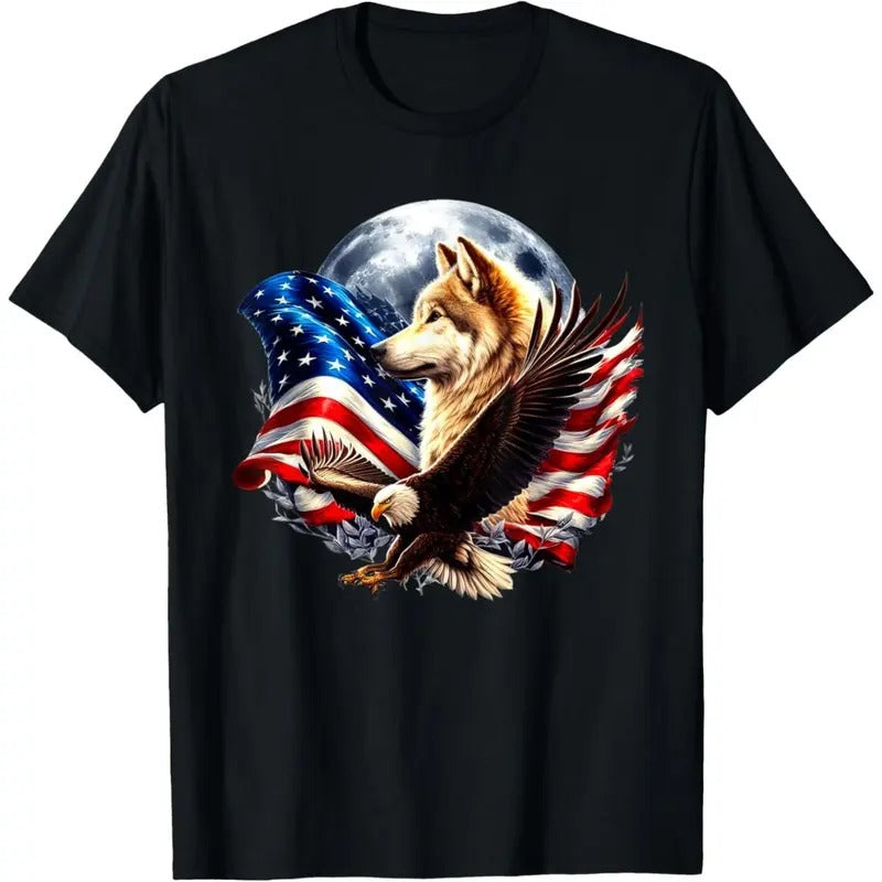 Wolf Bald Eagle American Flag Full Moon New Years Wolf Lover T-Shirt made in usa Hoodie, Sweatshirt | TeeBloomCo.com