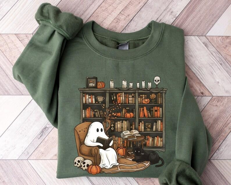 Retro Ghost Reading Books Sweatshirt/T-Shirt, Librarian Ghost Halloween Graphic, For Men/Women