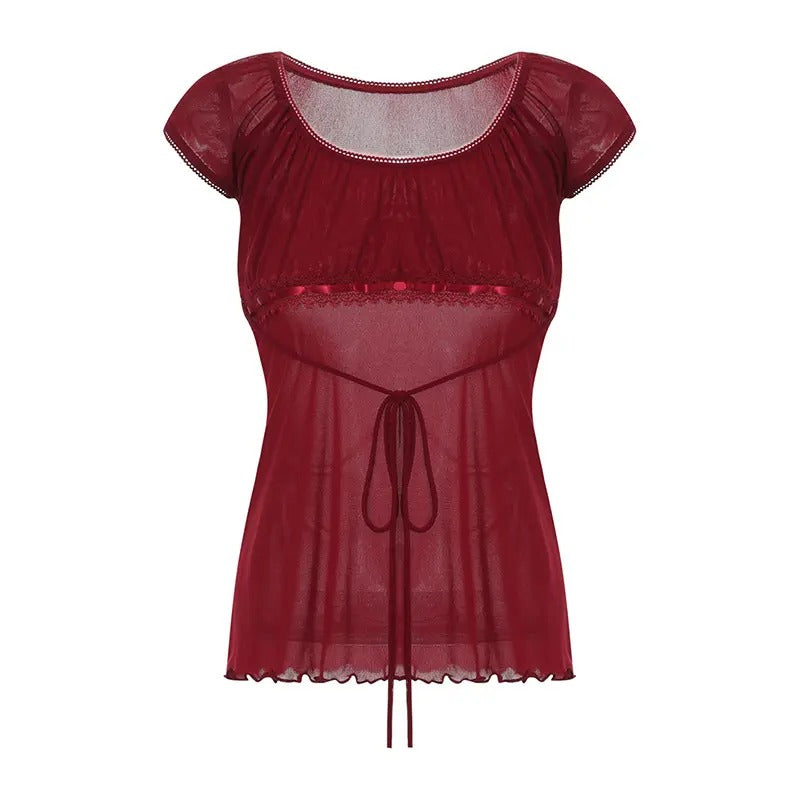 Women 's See Through Tee Shirt Lace Flower Crochet Tops Cap Sleeve Low Cut Sheer Lace Drawstring T-Shirt Off Shoulder...