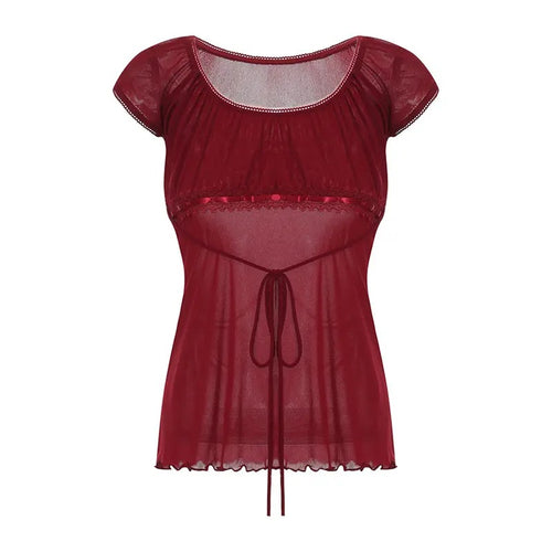 Women 's See Through Tee Shirt Lace Flower Crochet Tops Cap Sleeve Low Cut Sheer Lace Drawstring T-Shirt Off Shoulder...