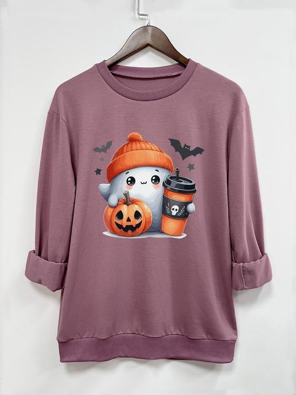 Women's   Ghost Print Crew Neck Sweatshirt, Casual Long Sleeve Pullover, Women's Fall & Winter Clothes for Daily Wear...
