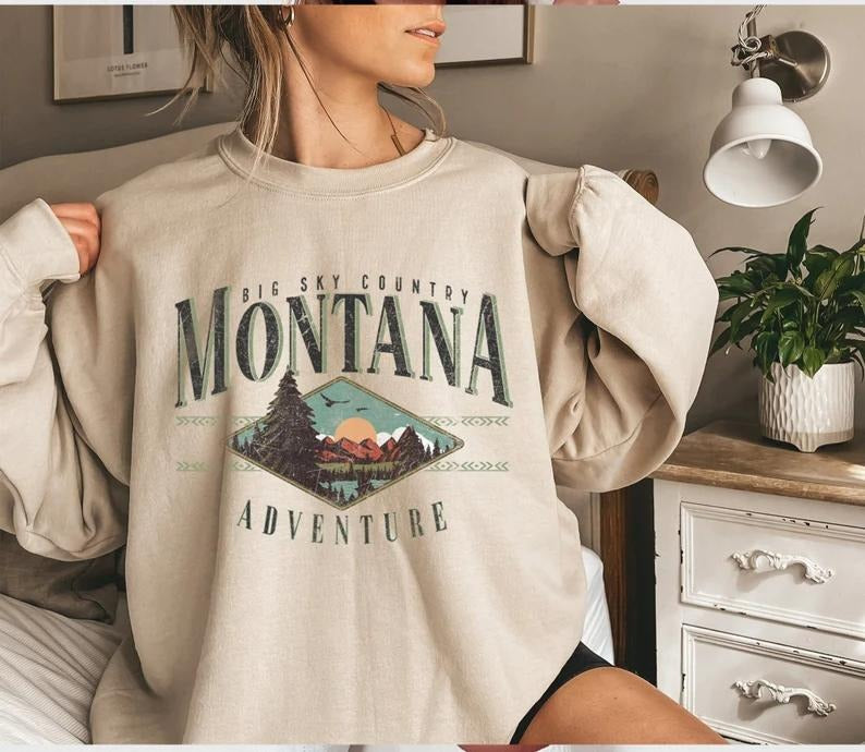Women's & Unisex Montana Sweatshirt, Retro Graphic Mountain Crewneck, Casual Long Sleeve Round Neck Pullover, Nature...