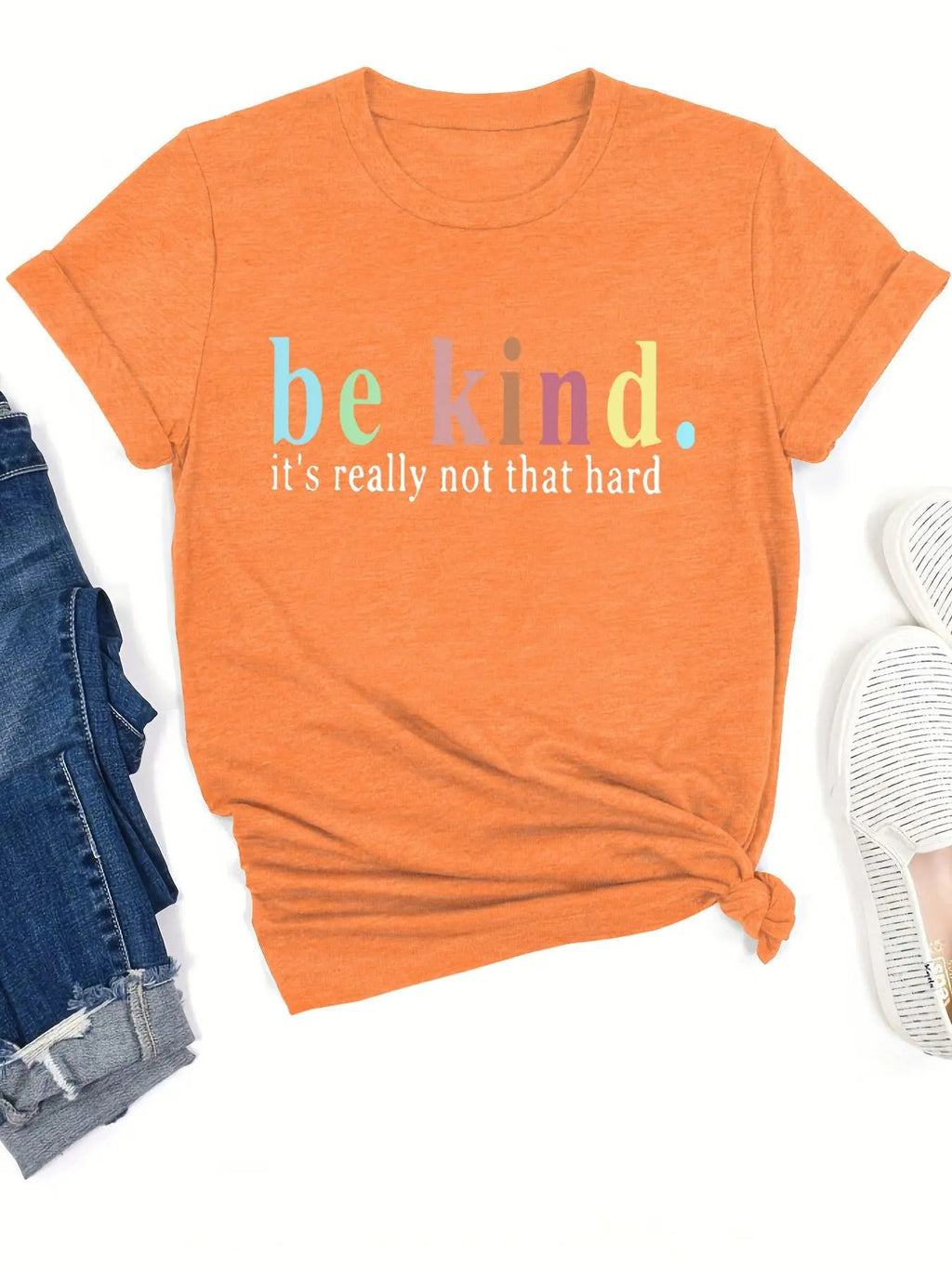 Women's "Be Kind" Slogan Print Round Neck Tee, Fashion Casual Short Sleeve Crew Neck T-shirt for Daily Holiday Vacation...
