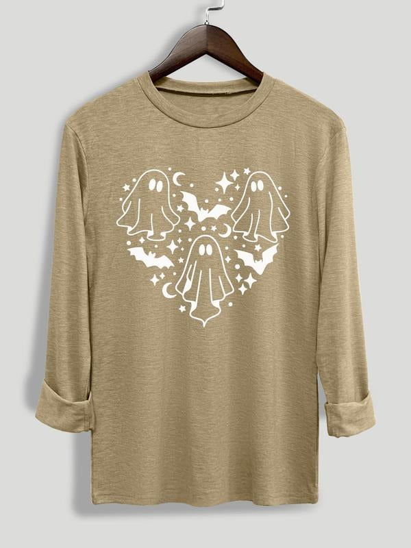 Women's  Cartoon Ghost Print Long Sleeve Tee, Casual Round Neck T-shirt for Daily Wear, Ladies Clothing for All Seasons...
