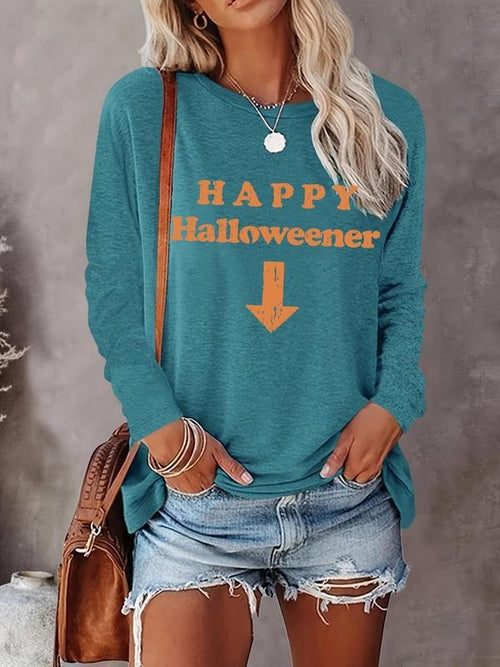 Women's "HAPPY Halloweener" Letter & Arrow Print Round Neck Tee, Casual Long Sleeve Crew Neck T-Shirt for All Seasons,...