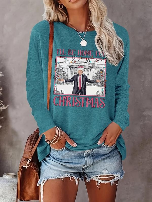 Women's "I'LL BE HOME FOR CHRISTMAS" Christmas Letter & Figure Print Round Neck Tee, Casual Long Sleeve Crew Neck T-Shirt...