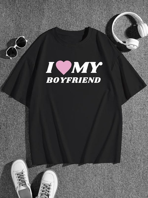 Women's "I Love My Boyfriend" Print Drop Shoulder Tee, Summer Clothes Women Casual Short Sleeve Round Neck T-shirt for...